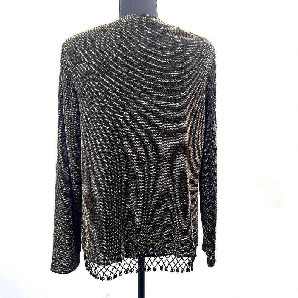 Ronni Nicole Petite Black Gold Metallic Beaded Fringe Open Cardigan Jacket Sz‎ M